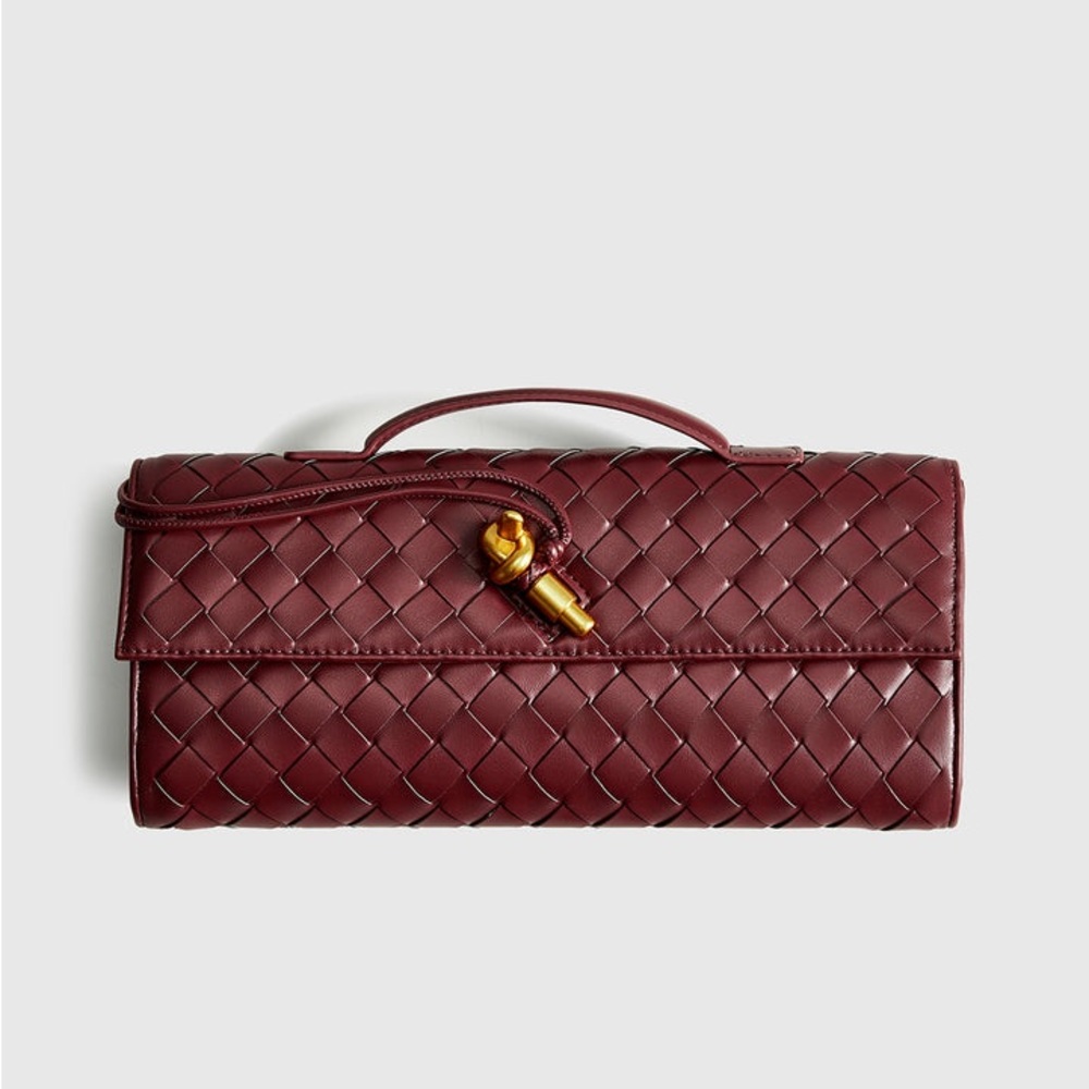 Woven Leather Clutch with Gold Knot Accent - Burgundy